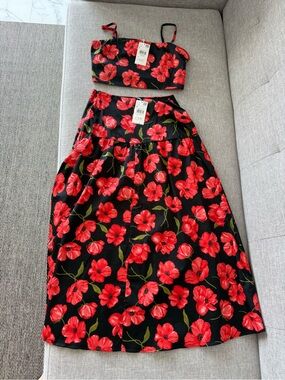 Mango Black Two-Piece Set with Red Floral Pattern
